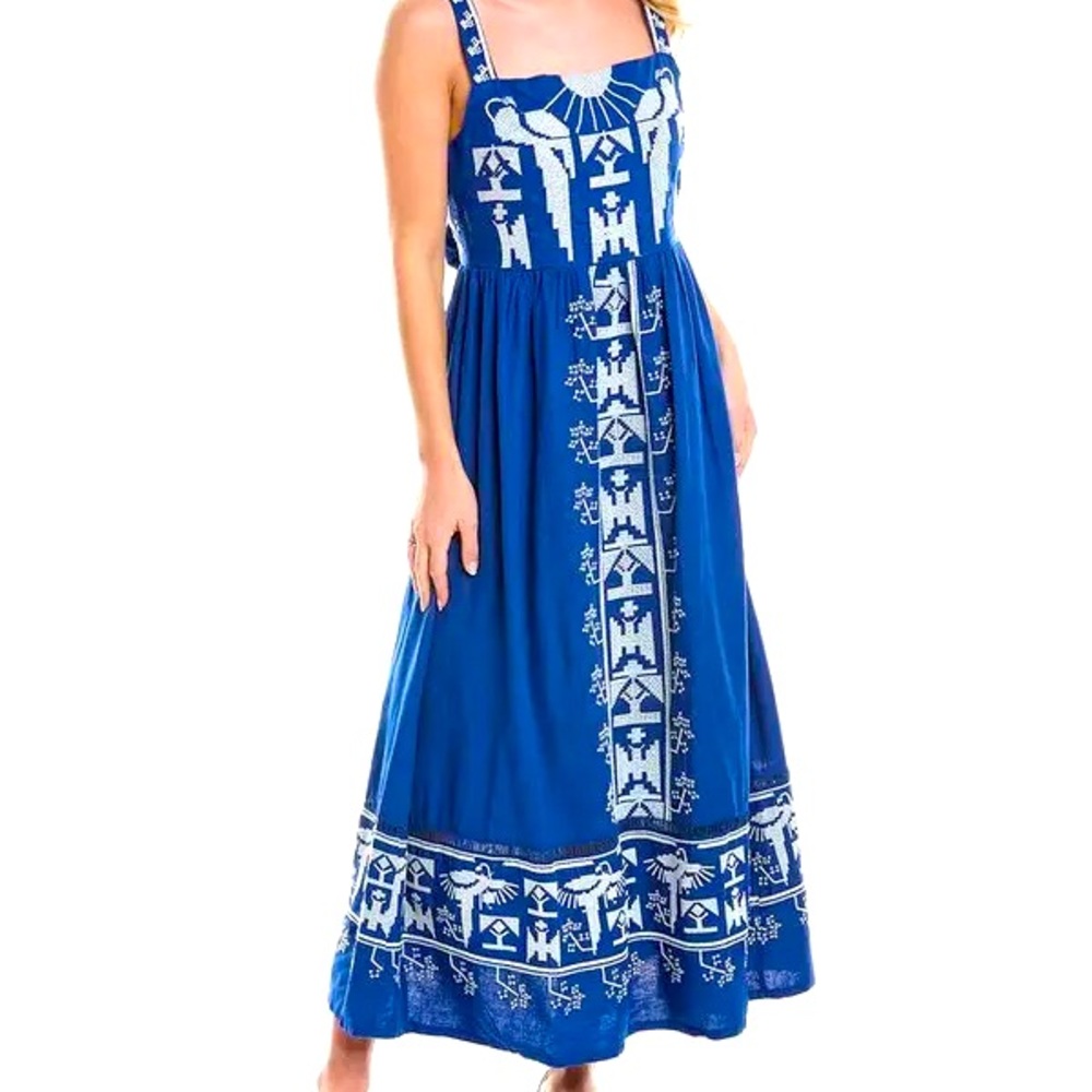 Farm Rio Blue Embroidered Maxi Dress XL | Boho Sundress